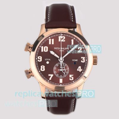 Swiss Replica Patek Philippe Calatrava Pilot Travel Time Watch Rose Gold with Brown Dial 